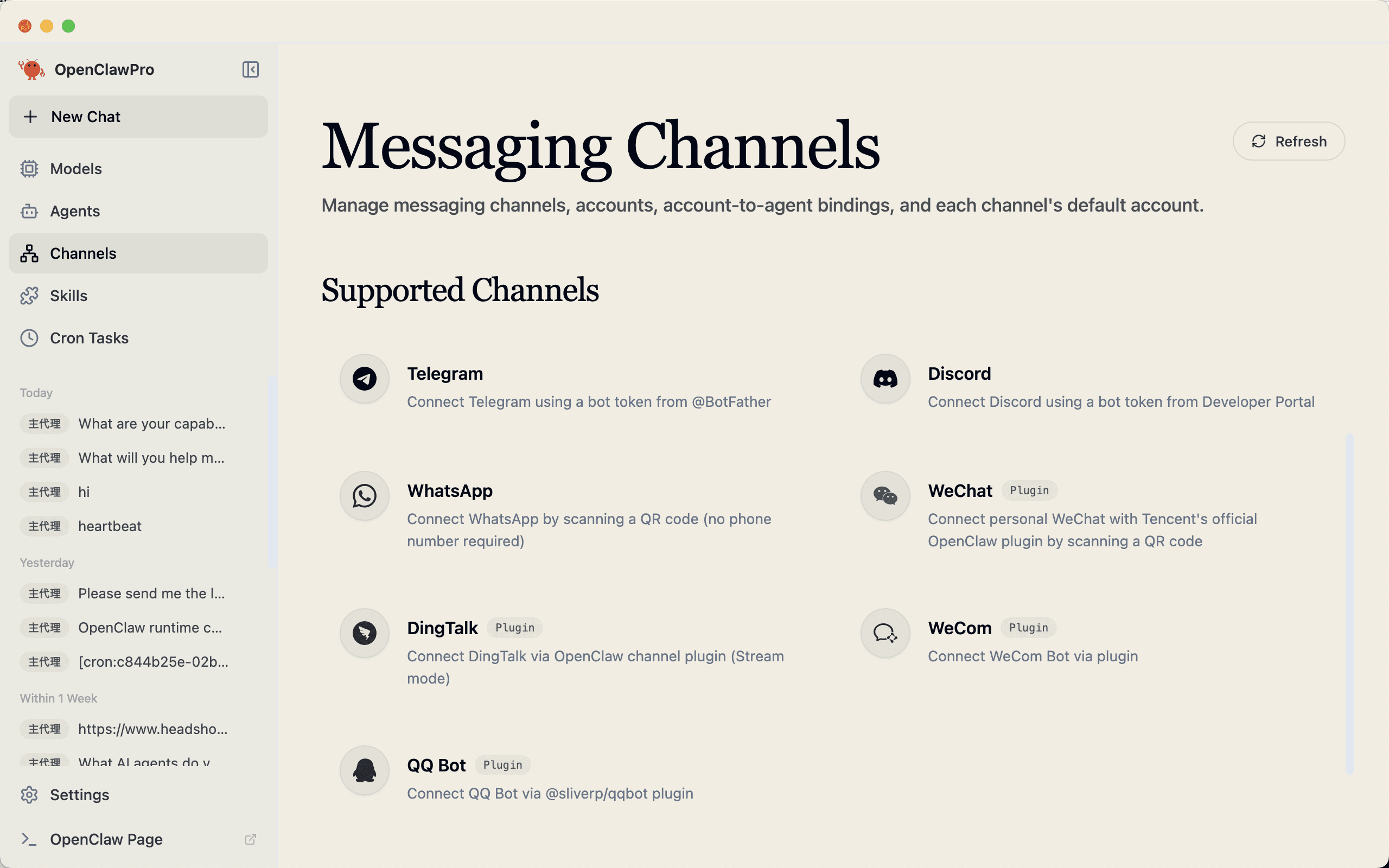 Messaging channels setup in YourClaw Pro
